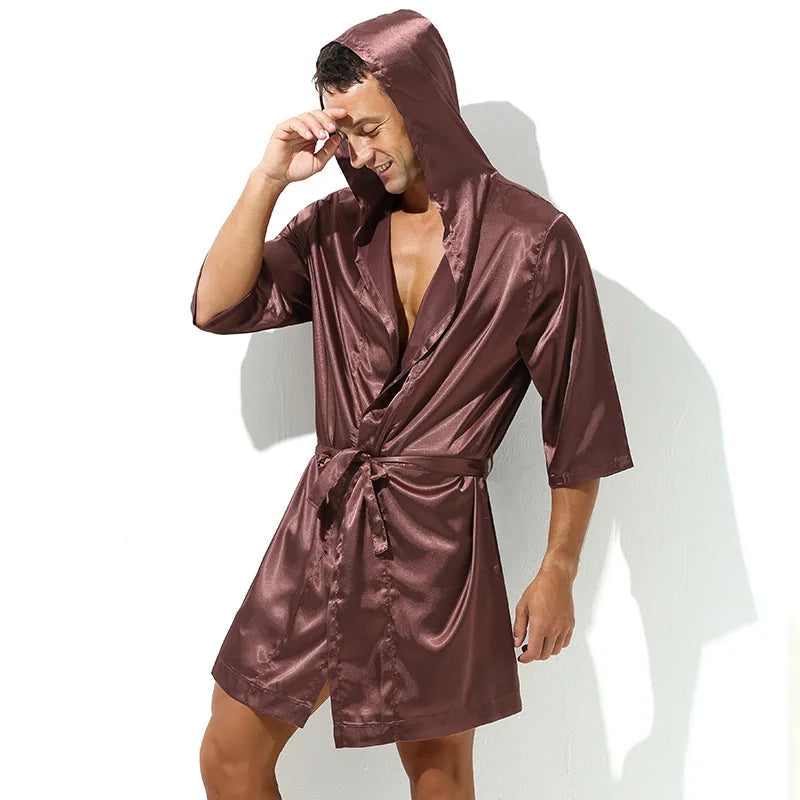 Male Half Sleeve Bathrobe Gown Hooded Robe Silk Satin Kimono Sleepwear Nightgown Men Loose Nightwear Loungewear Thin Lingerie FashionMojos.com
