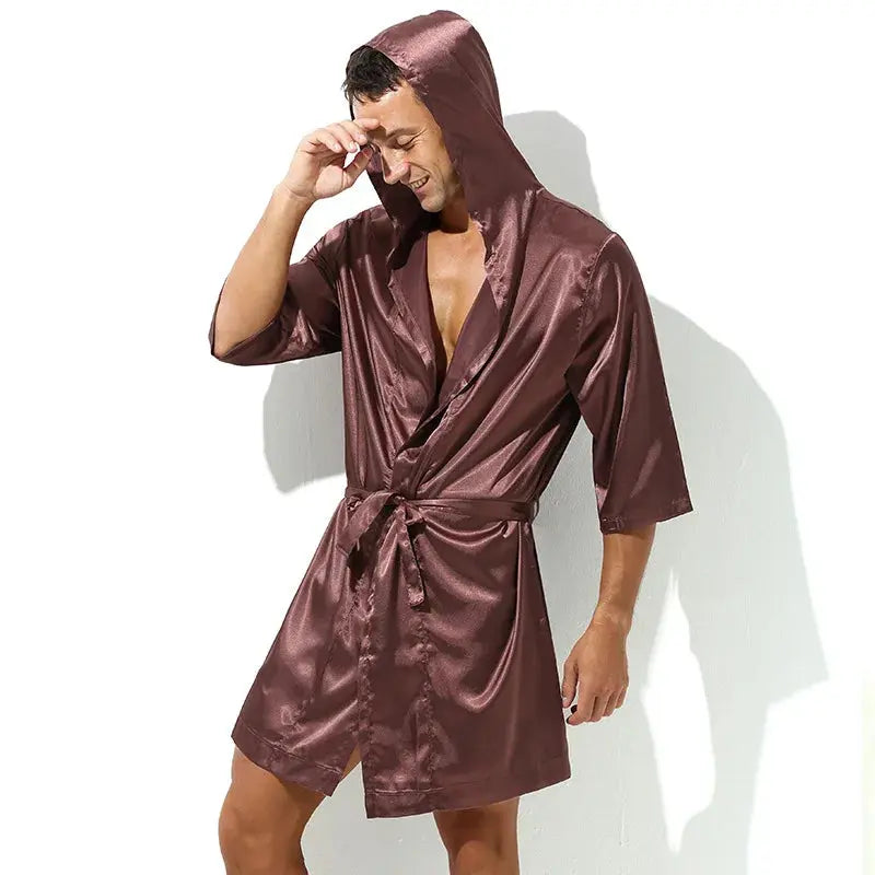 Male Half Sleeve Bathrobe Gown Hooded Robe Silk Satin Kimono Sleepwear Nightgown Men Loose Nightwear Loungewear Thin Lingerie FashionMojos.com