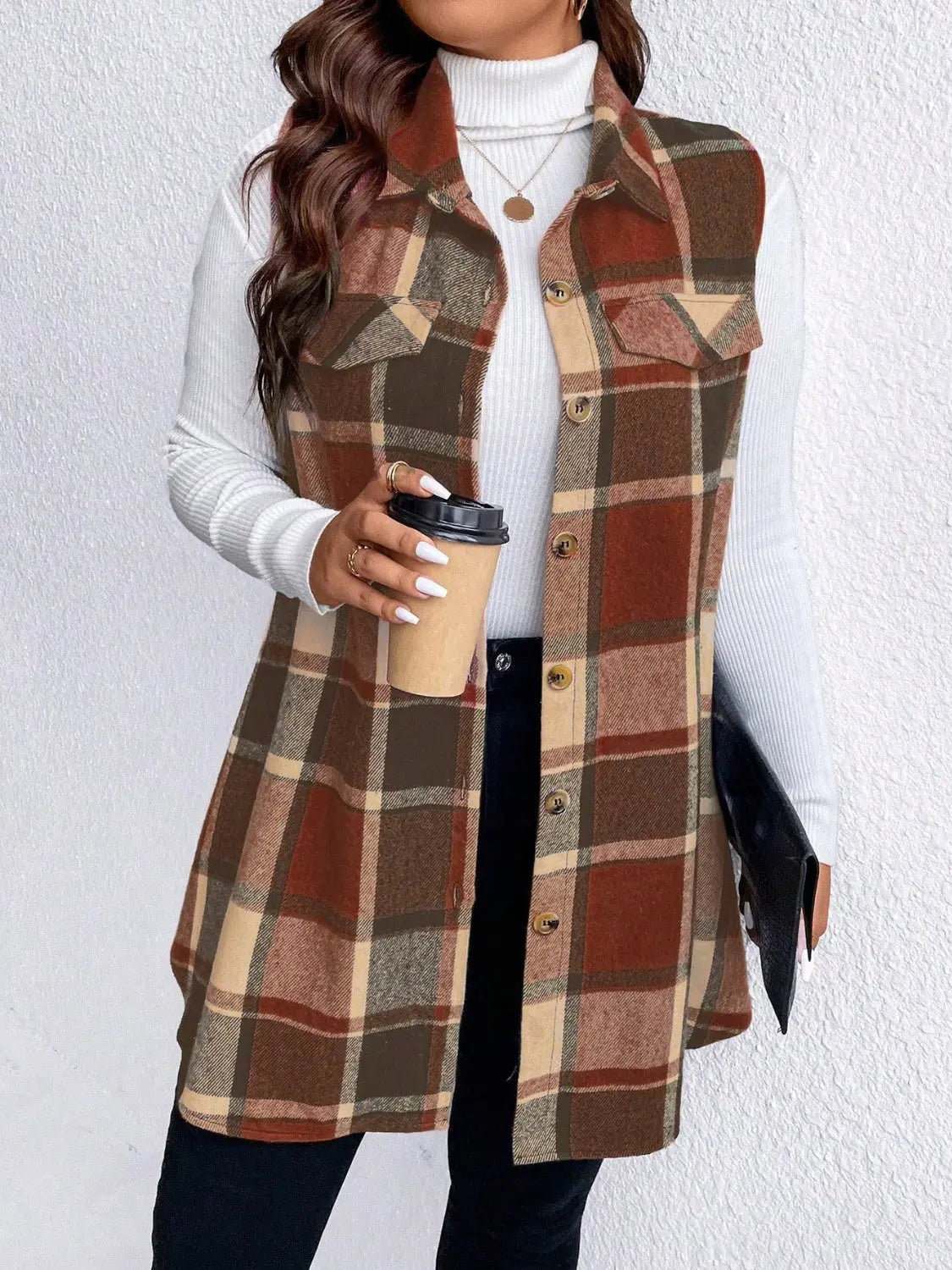 Honey Plus Size Pocketed Plaid Button Up Vest Coat Trendsi