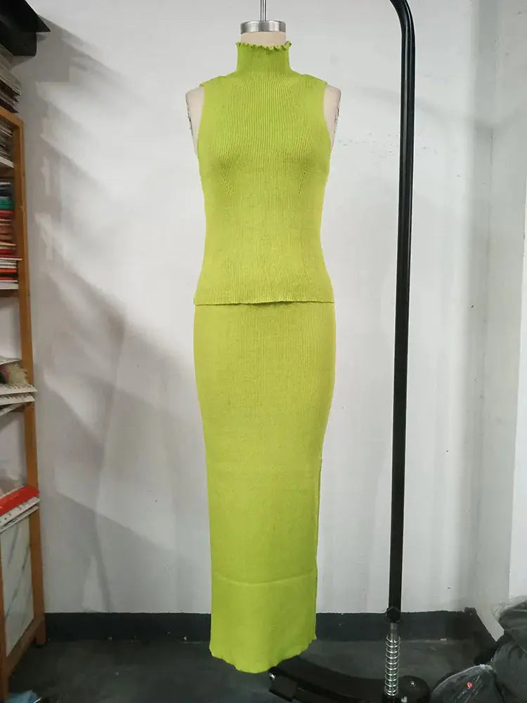 Autumn New Fashion Women's Two-pieces Set Sleeveless Turtleneck Knitted Vest Wrap Hip Long Skirt Female Trendy FashionMojos.com
