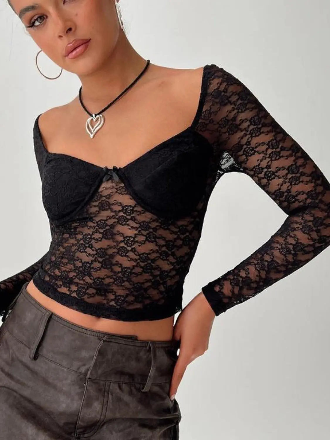 Lace Sweetheart Neck Long Sleeve T-Shirt Trendsi