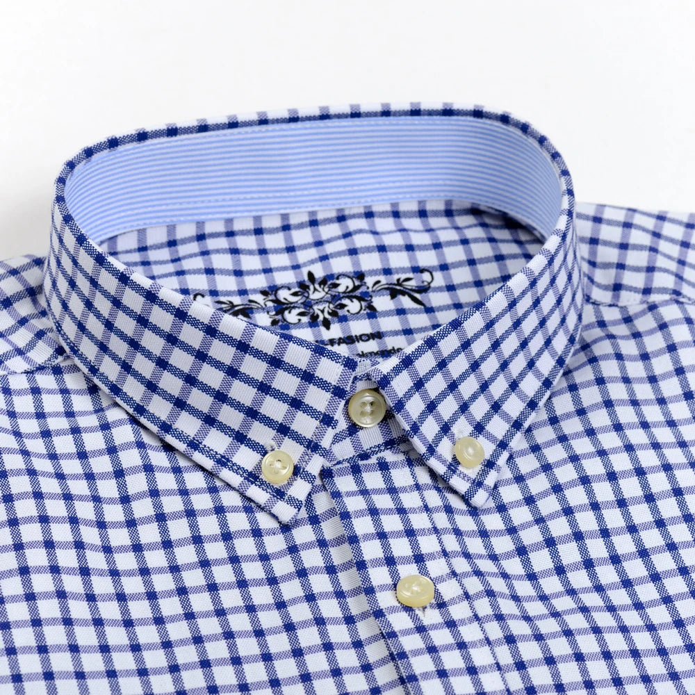 Men's Long Sleeve Oxford Plaid Striped Work Casual Shirt with Pocket, Spring Autumn Cotton Blend Regular-fit Button-down Shirts