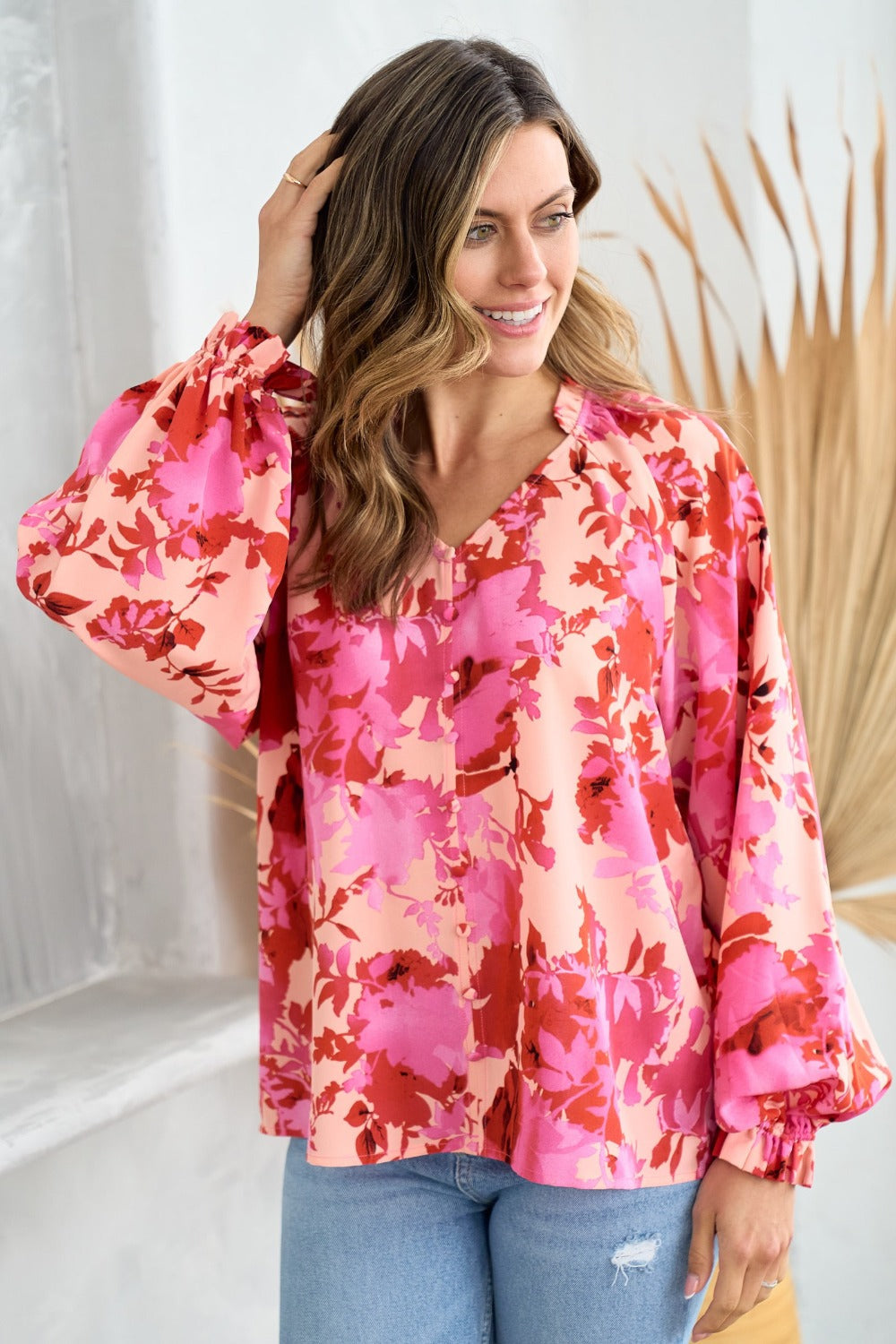 Hailey & Co Ruffle V-Neck Decor Button Floral Blouse Trendsi