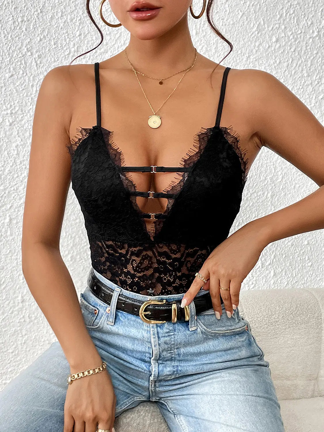 Perfee Lace Plunge Spaghetti Strap Bodysuit Trendsi
