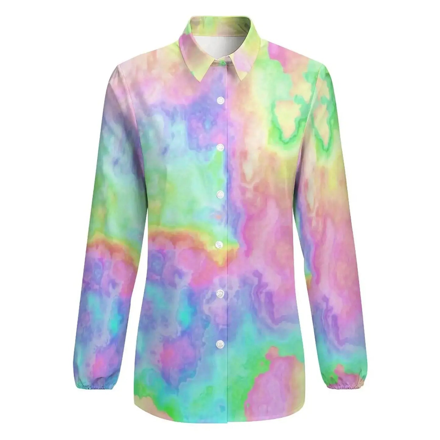 Rainbow Tie Dye Marble Blouse Female Stone Pastels Abstract Art Casual Loose Blouses Long-Sleeve Trendy Shirt Print Top Big Size FashionMojos.com