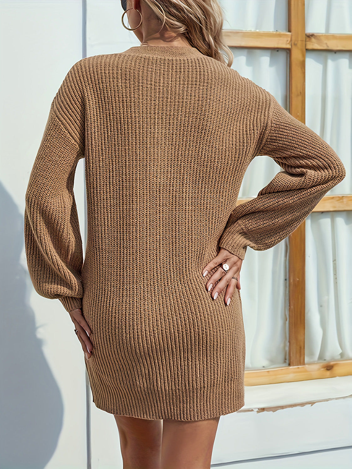 V-Neck Dropped Shoulder Mini Sweater Dress Trendsi