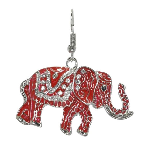 Silver/Red, elephant enamel with crystal rhinestone dangle earrings