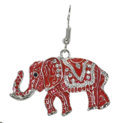 Silver/Red, elephant enamel with crystal rhinestone dangle earrings