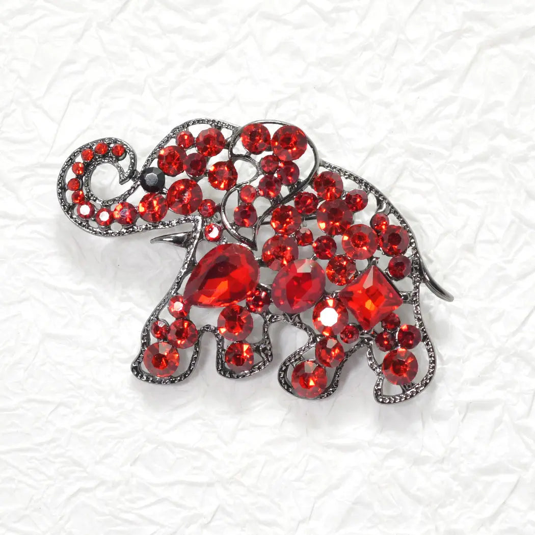 Hematite/Red, elephant rhinestone pin brooch Good Feelings