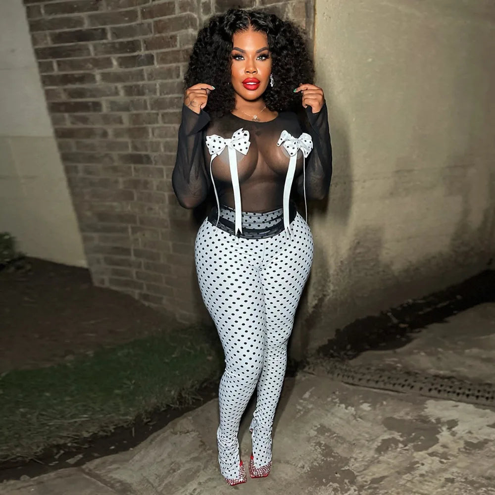 FAGADOER Vintage Y2k Polka Dot 2 Piece Sets Outfit Women Mesh See Through Bow Top and Stacked Pants Suits Ladies Club Streetwear