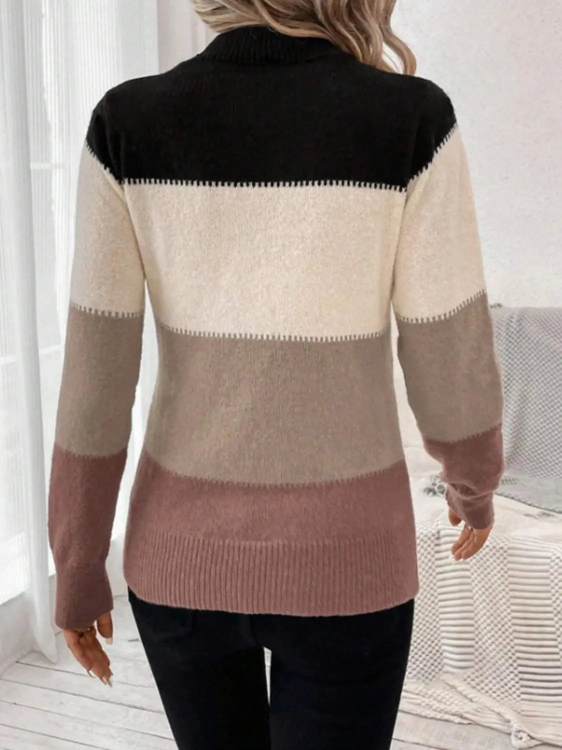 Color Block Mock Neck Long Sleeve Sweater Trendsi