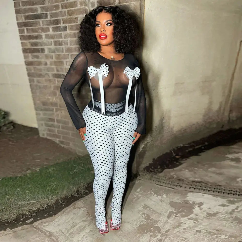 FAGADOER Vintage Y2k Polka Dot 2 Piece Sets Outfit Women Mesh See Through Bow Top and Stacked Pants Suits Ladies Club Streetwear FashionMojos.com
