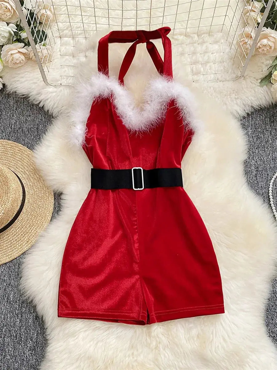 Women's Christmas Cosplay Costume Lingerie Rompers Red Plush Trim Halter Backless Christmas Party Cosplay Jumpsuits Playsuits FashionMojos.com