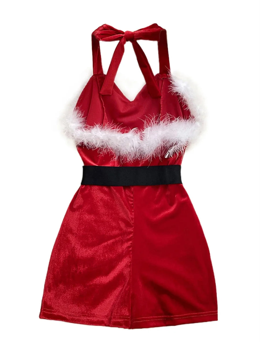 Women's Christmas Cosplay Costume Lingerie Rompers Red Plush Trim Halter Backless Christmas Party Cosplay Jumpsuits Playsuits