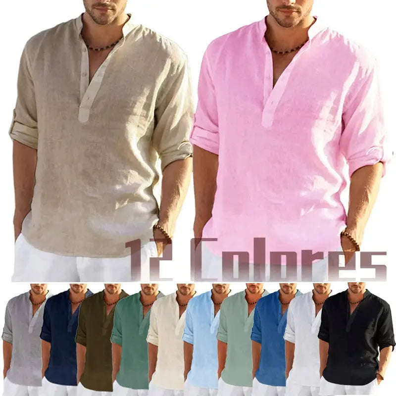 New Men's Linen Long Sleeve T-Shirt Solid Color Loose Casual Shirt Long Sleeve Cotton Linen Shirt FashionMojos.com