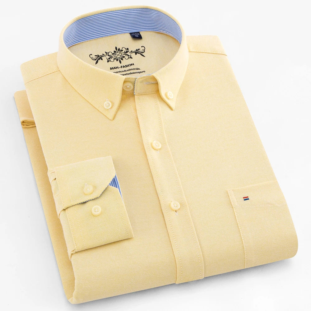 Men's Long Sleeve Oxford Plaid Striped Work Casual Shirt with Pocket, Spring Autumn Cotton Blend Regular-fit Button-down Shirts