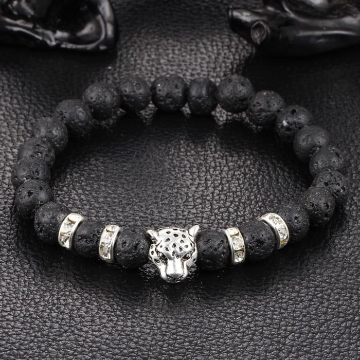 Silver Onyx Stone Leopard and Lava Stone Beads Men's Bracelet