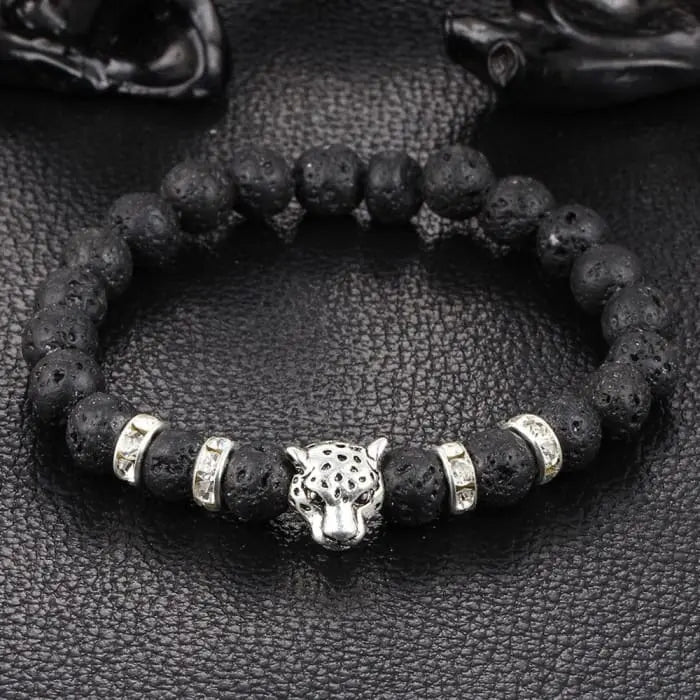Silver Onyx Stone Leopard and Lava Stone Beads Men's Bracelet Fuze Body