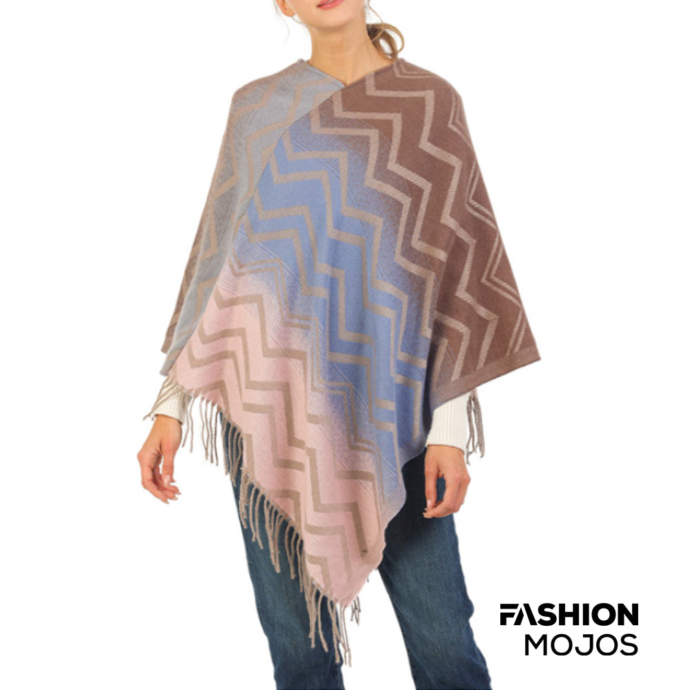 Tri-tone zigzag pattern poncho