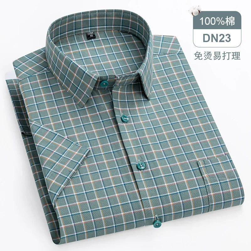 New Quality 100%Pure Cotton Men Short Sleeves Social Shirt for Oxford Shirt Men Plaid Striped Work Casual Pocket Shirts S-8XL