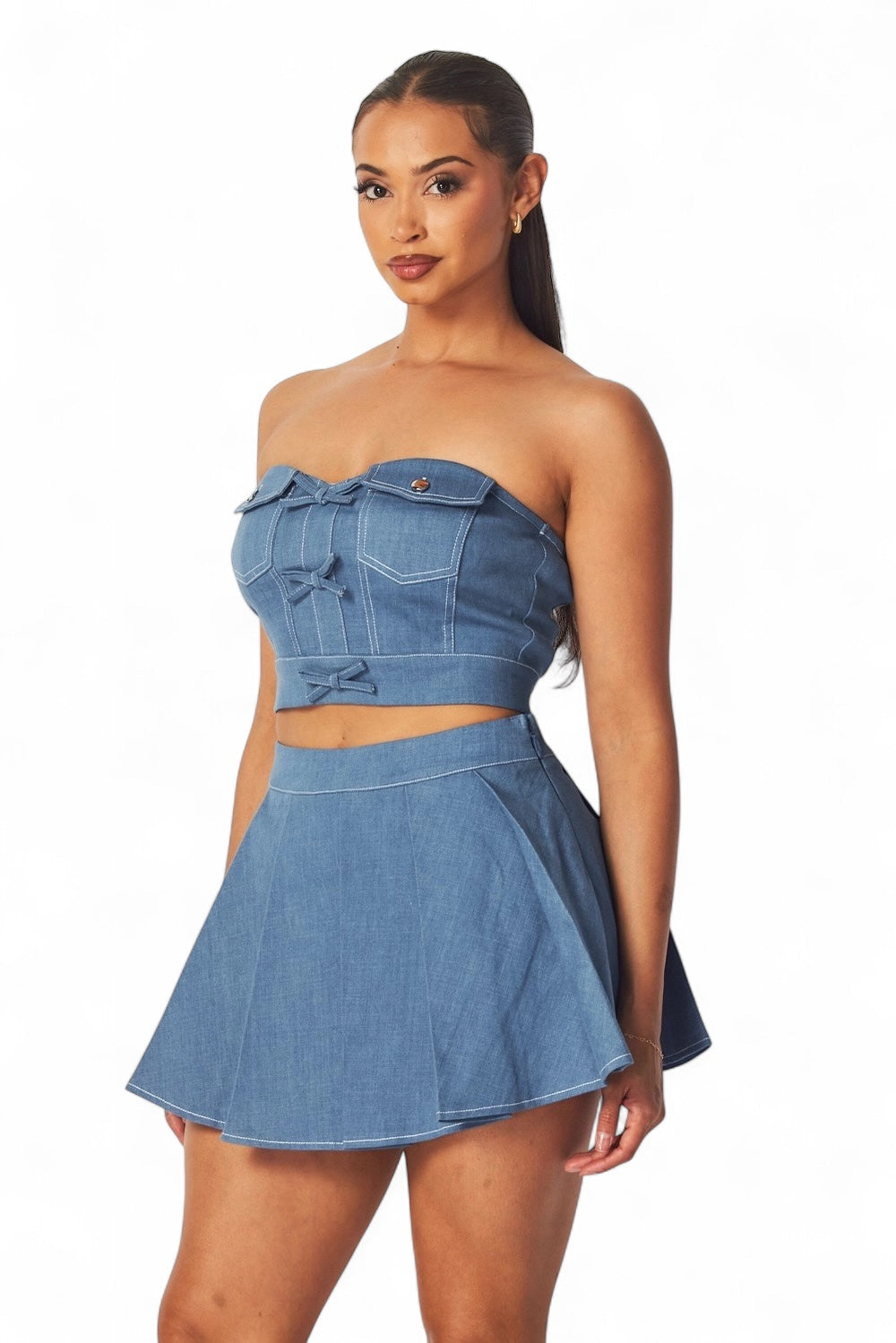 Giorgia Denim Top and Mini Skater Skort Set The House of Stylez