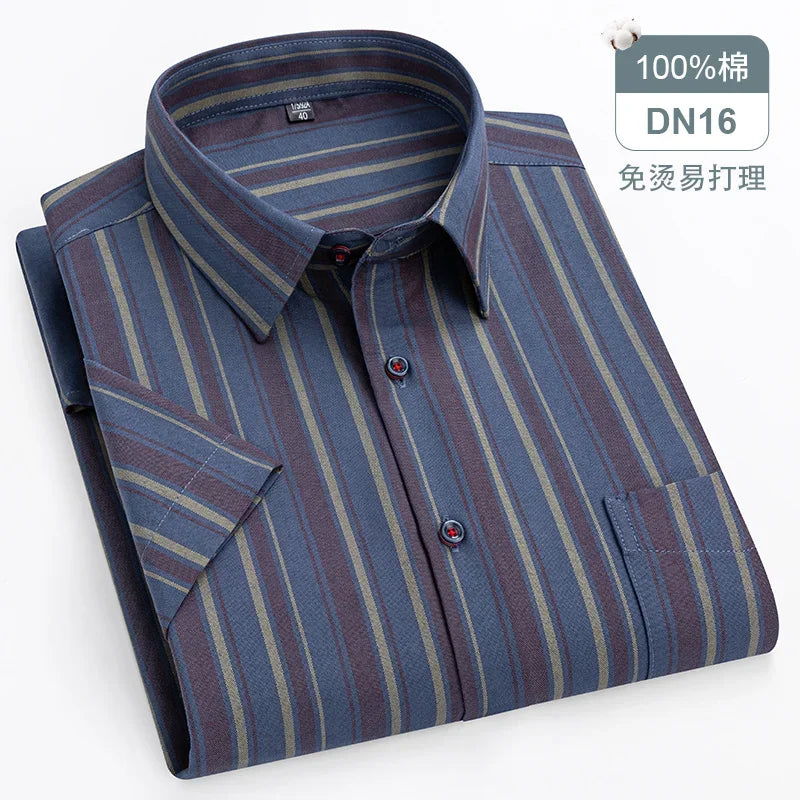 New Quality 100%Pure Cotton Men Short Sleeves Social Shirt for Oxford Shirt Men Plaid Striped Work Casual Pocket Shirts S-8XL