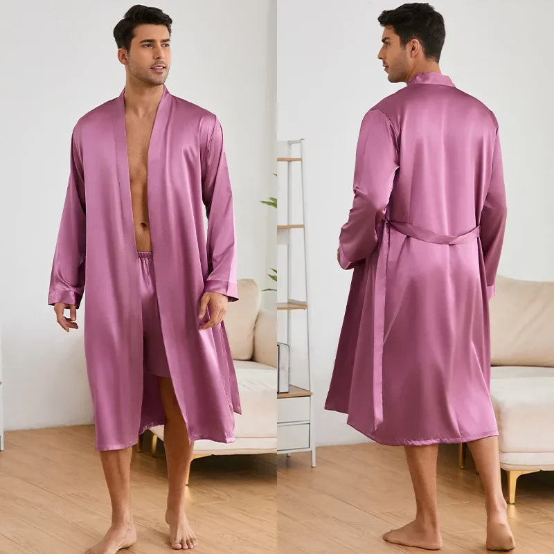 New Robe Suit Solid Color Home Clothes Bathrobe Nightwear Loose Kimono Intimate Lingerie Men Ice Silk Robe&shorts Set