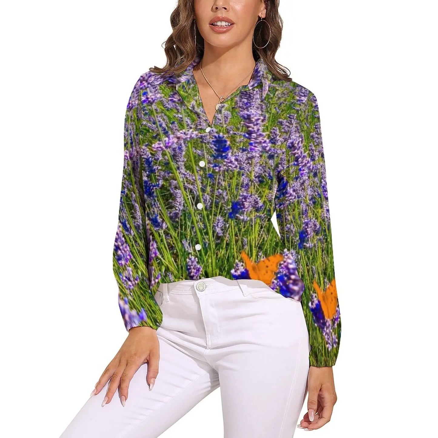 Fields of Lavender Loose Blouse Nature Purple Flowers Simple Oversized Blouses Womens Long Sleeve Trendy Shirt Spring Print Tops