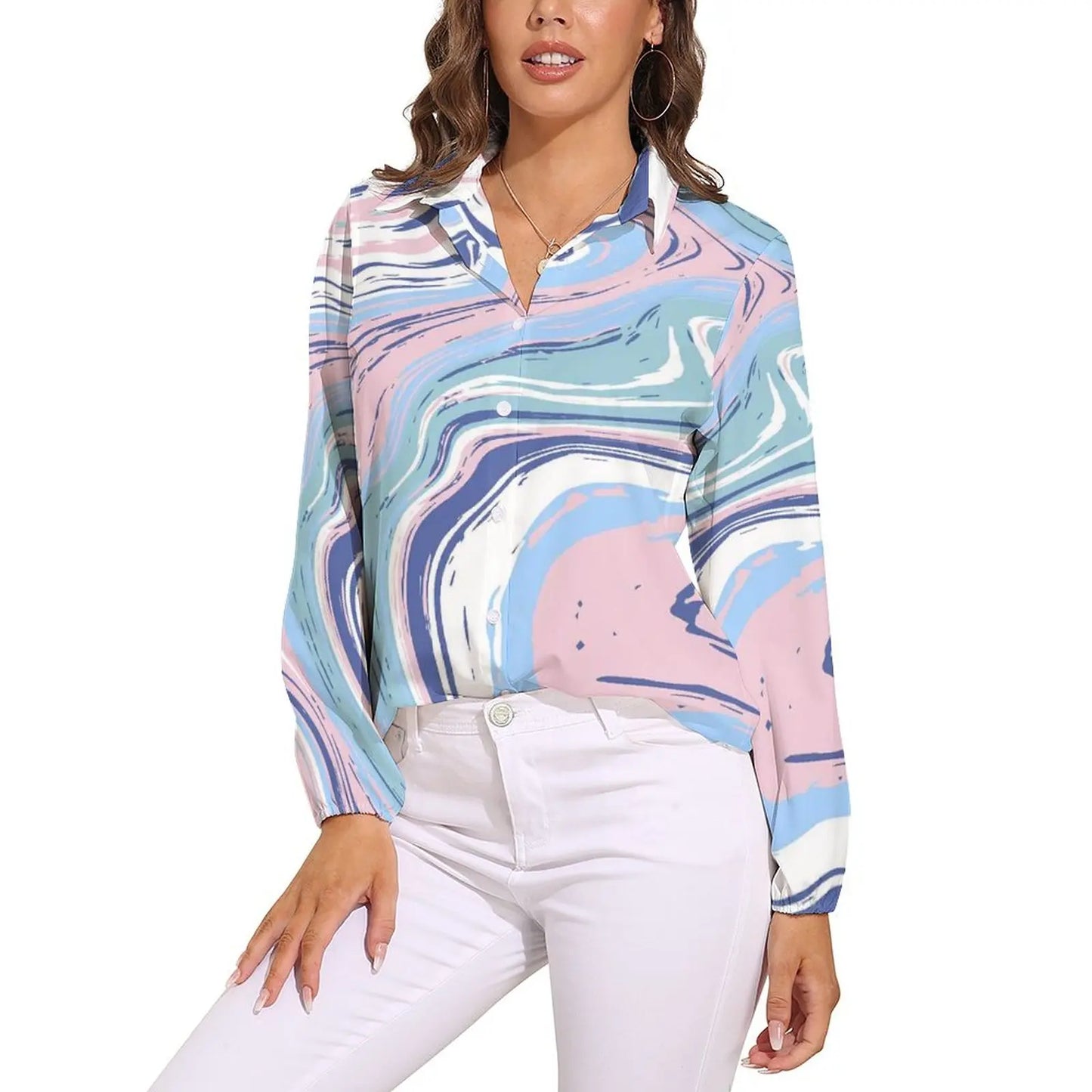 Rainbow Tie Dye Marble Blouse Female Stone Pastels Abstract Art Casual Loose Blouses Long-Sleeve Trendy Shirt Print Top Big Size