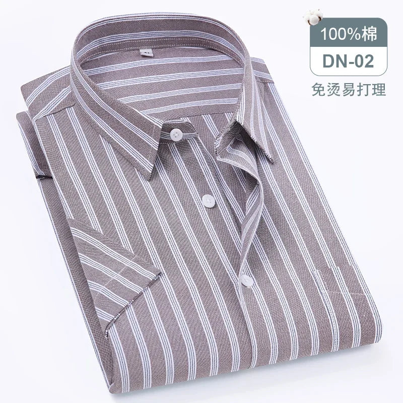 New Quality 100%Pure Cotton Men Short Sleeves Social Shirt for Oxford Shirt Men Plaid Striped Work Casual Pocket Shirts S-8XL