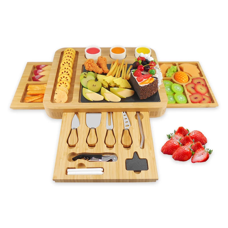 Eco-Friendly Cheap Bamboo Cheese And Knife Set Board Set With Slide-Out Drawer Charcuterie Platter