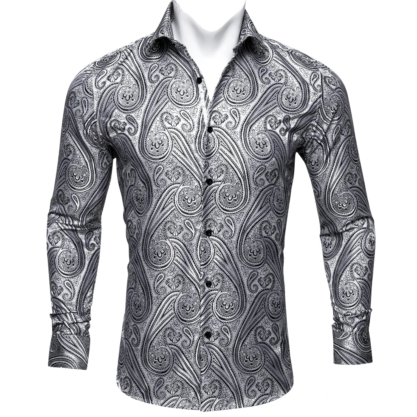 Barry.Wang Luxury Black Paisley Silk Shirts Men Long Sleeve Casual Flower Silver Shirts For Men Designer Fit Dress Shirt BY-0058