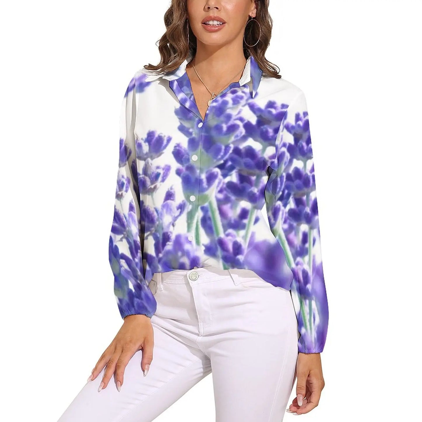 Fields of Lavender Loose Blouse Nature Purple Flowers Simple Oversized Blouses Womens Long Sleeve Trendy Shirt Spring Print Tops