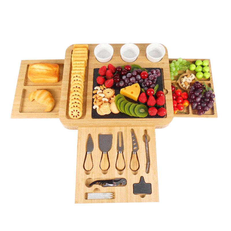 Eco-Friendly Cheap Bamboo Cheese And Knife Set Board Set With Slide-Out Drawer Charcuterie Platter