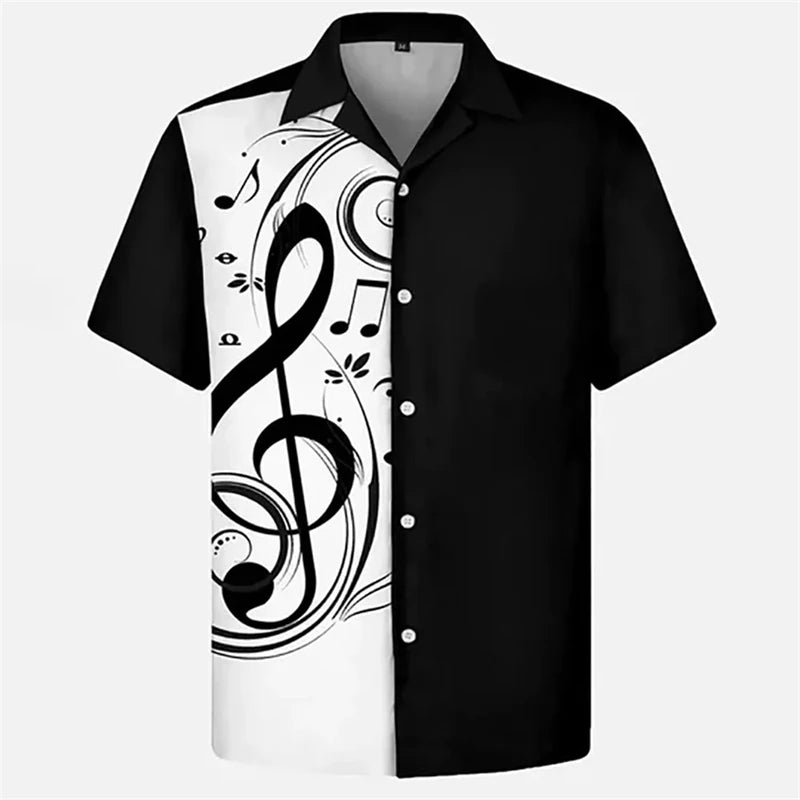 Summer Shirt For Men Hawaiian Short-sleeved T Shirts Musical Note Print Boys Girls Beach Travel Tops Casual Lapel Clothing