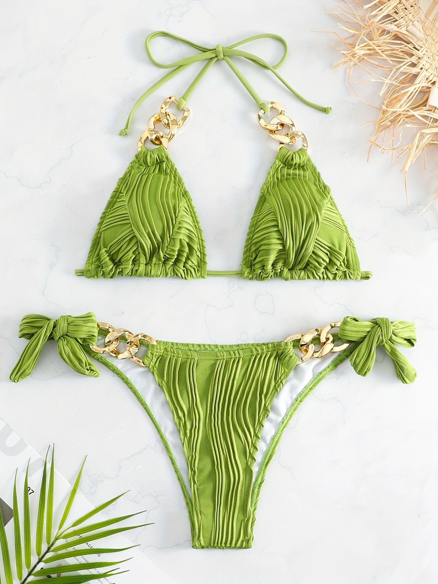 Bikini Ruched Texture Golden Chain 2 Piece Triangle Swimsuit for Women – Striped Halter Bikini Set with Bow Tie Side and Elegant Ring Link Detail – Stretchy Beachwear for Pool Bathing and Summer Vacations Stevvex
