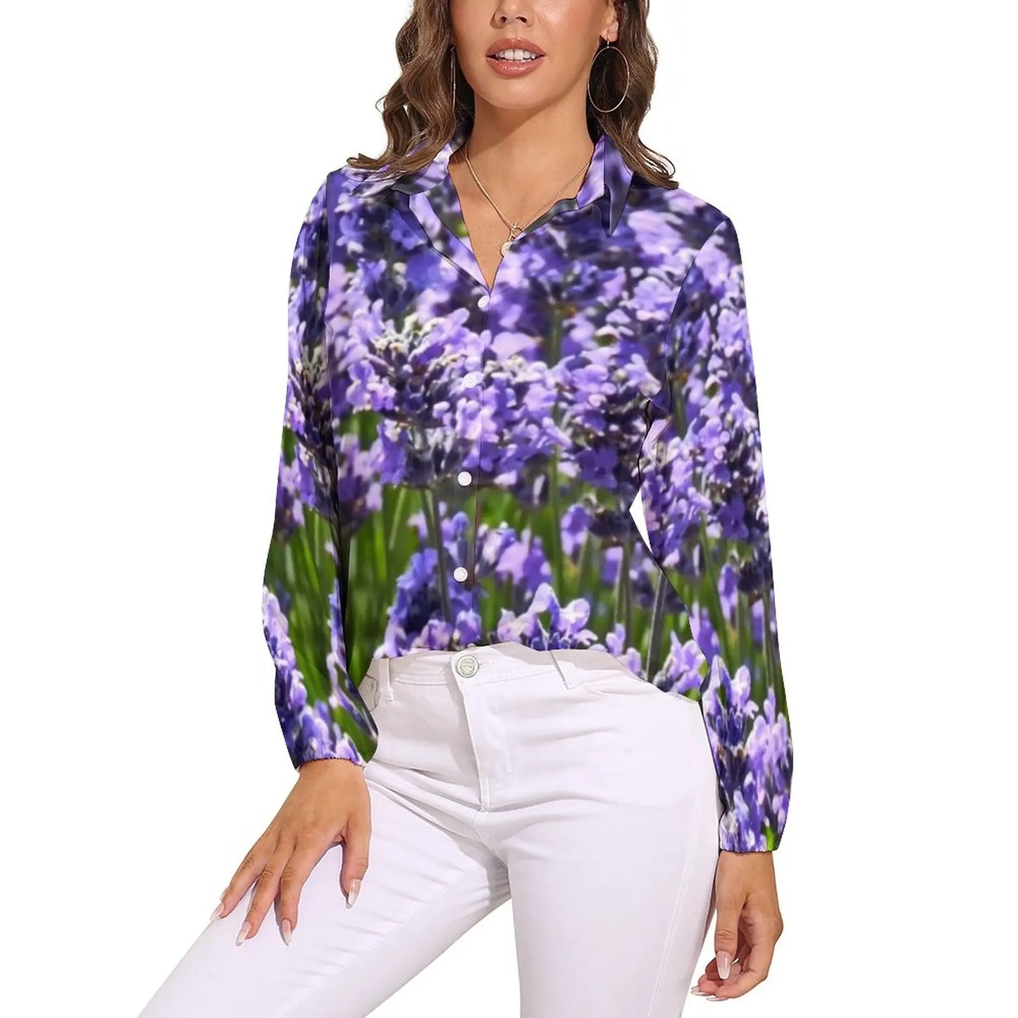 Fields of Lavender Loose Blouse Nature Purple Flowers Simple Oversized Blouses Womens Long Sleeve Trendy Shirt Spring Print Tops