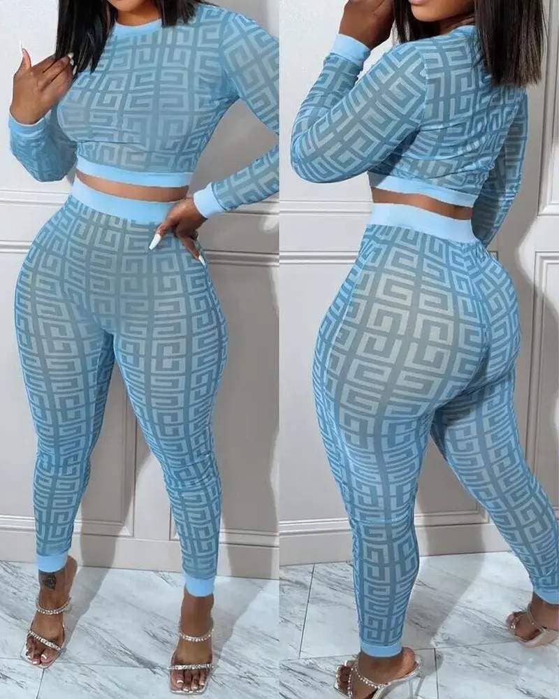 Geometric print long sleeve crop top pants set Fashion Combination