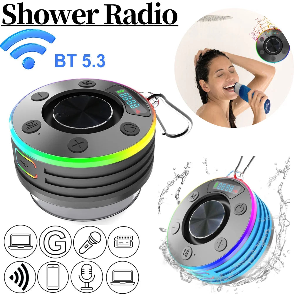 Bluetooth-Compatible 5.3 Shower Speaker FM Radio Shower Radio with Suction Cup Stereo Subwoofer for Kayak Beach Pool Accessories