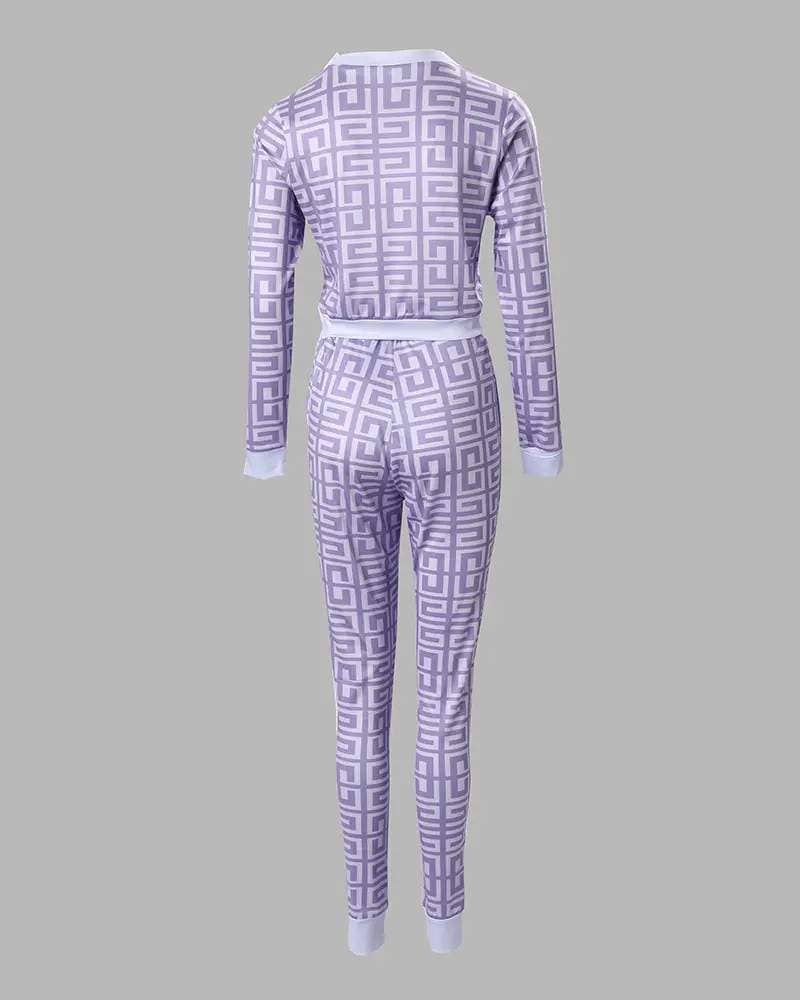 Geometric print long sleeve crop top pants set Fashion Combination
