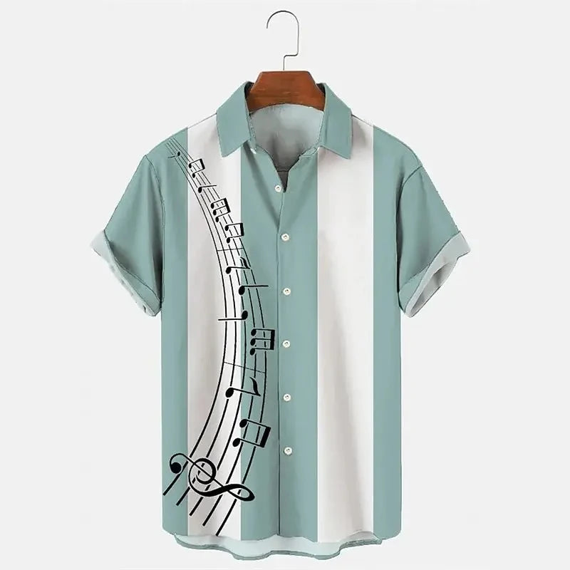 Summer Shirt For Men Hawaiian Short-sleeved T Shirts Musical Note Print Boys Girls Beach Travel Tops Casual Lapel Clothing