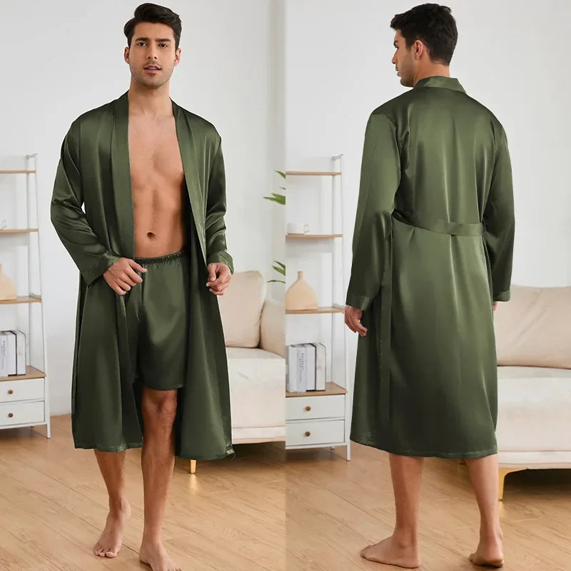 Men Ice Silk Robe&shorts Set Nightwear Spring Summer Robe Suit Loose Kimono Intimate Lingerie Solid Color Home Clothes Bathrobe