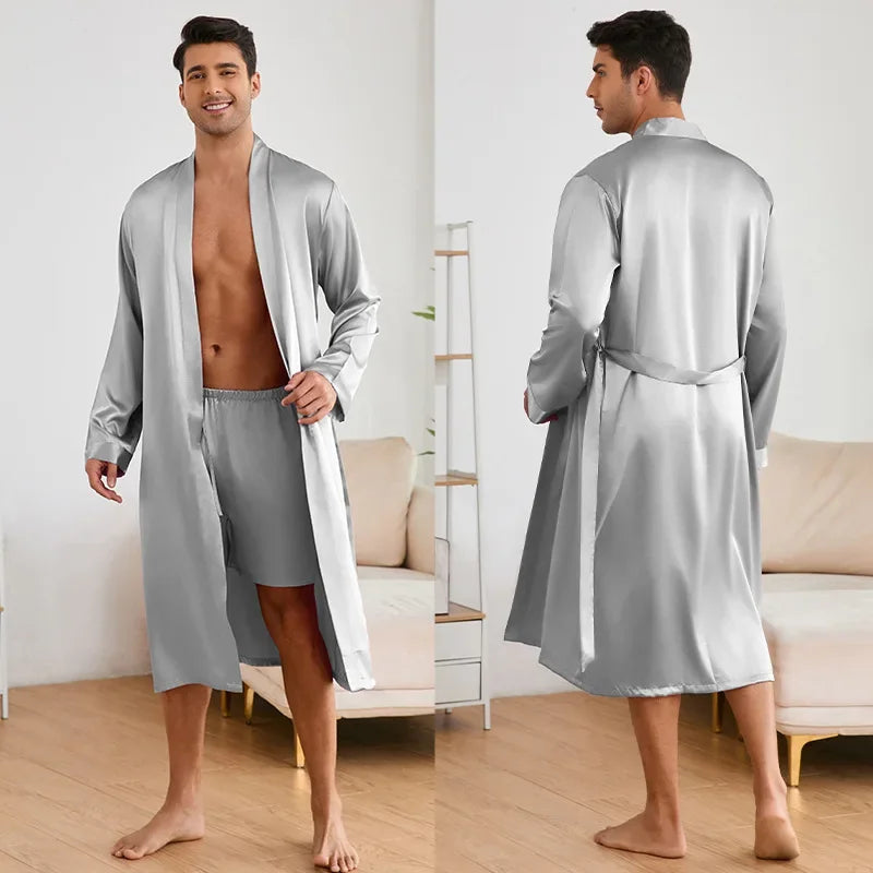 New Robe Suit Solid Color Home Clothes Bathrobe Nightwear Loose Kimono Intimate Lingerie Men Ice Silk Robe&shorts Set