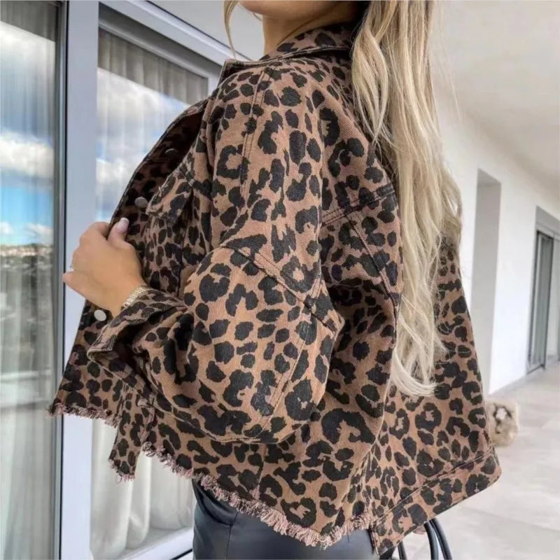 Spring Autumn Vintage Leopard Denim Coat For Women New Fashionable And Trendy Style Female Jacket Leopard Print Jeans Outwear