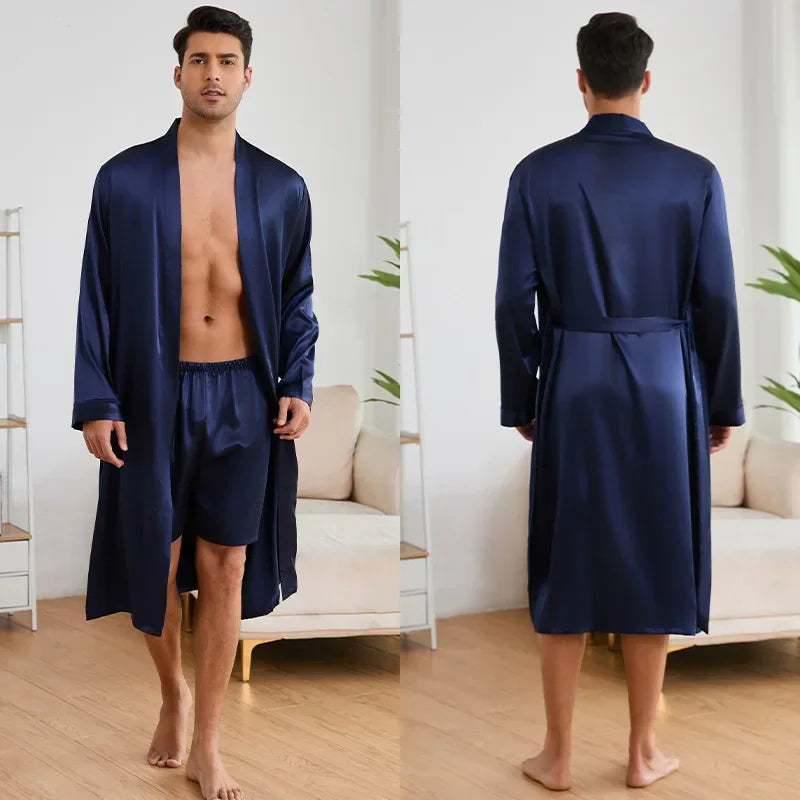 New Robe Suit Solid Color Home Clothes Bathrobe Nightwear Loose Kimono Intimate Lingerie Men Ice Silk Robe&shorts Set