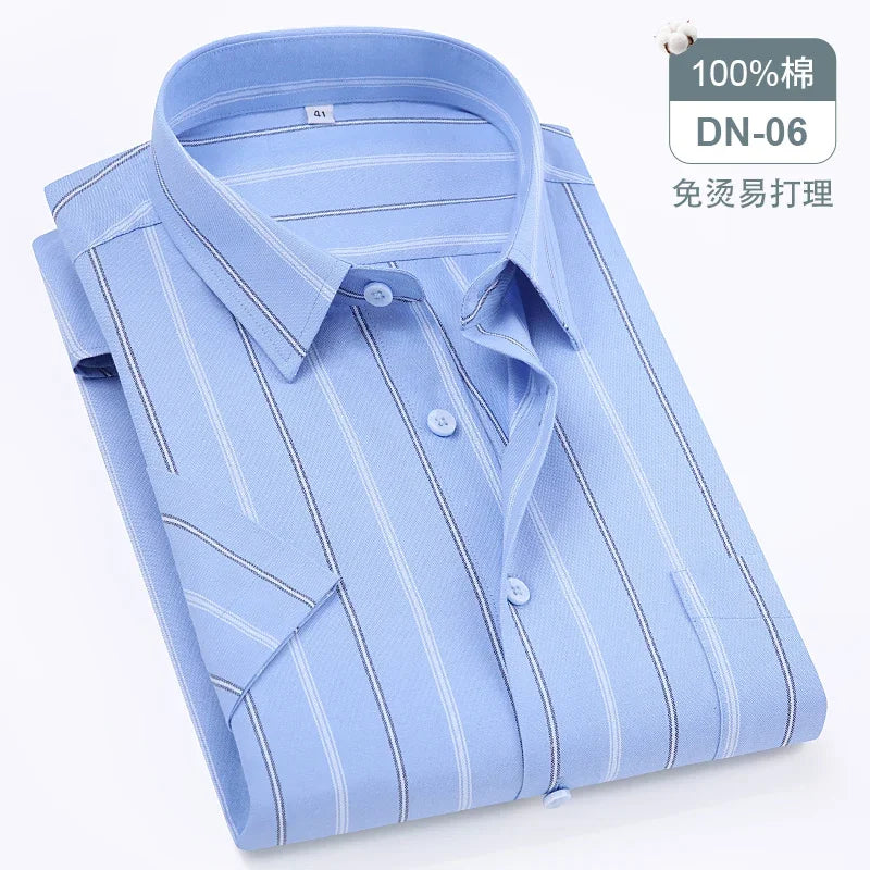 New Quality 100%Pure Cotton Men Short Sleeves Social Shirt for Oxford Shirt Men Plaid Striped Work Casual Pocket Shirts S-8XL