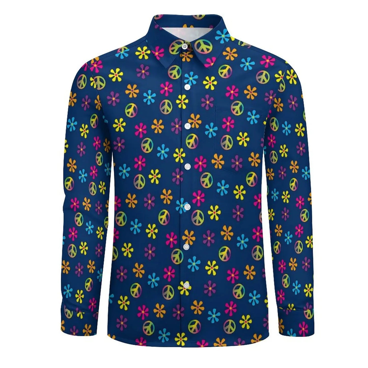 Groovy Hippie Peace Shirt Autumn Flower Print Casual Shirts Men Classic Blouses Long Sleeve Design Harajuku Clothing Plus Size