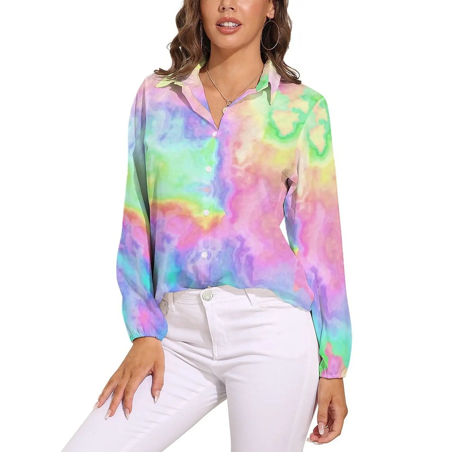 Rainbow Tie Dye Marble Blouse Female Stone Pastels Abstract Art Casual Loose Blouses Long-Sleeve Trendy Shirt Print Top Big Size