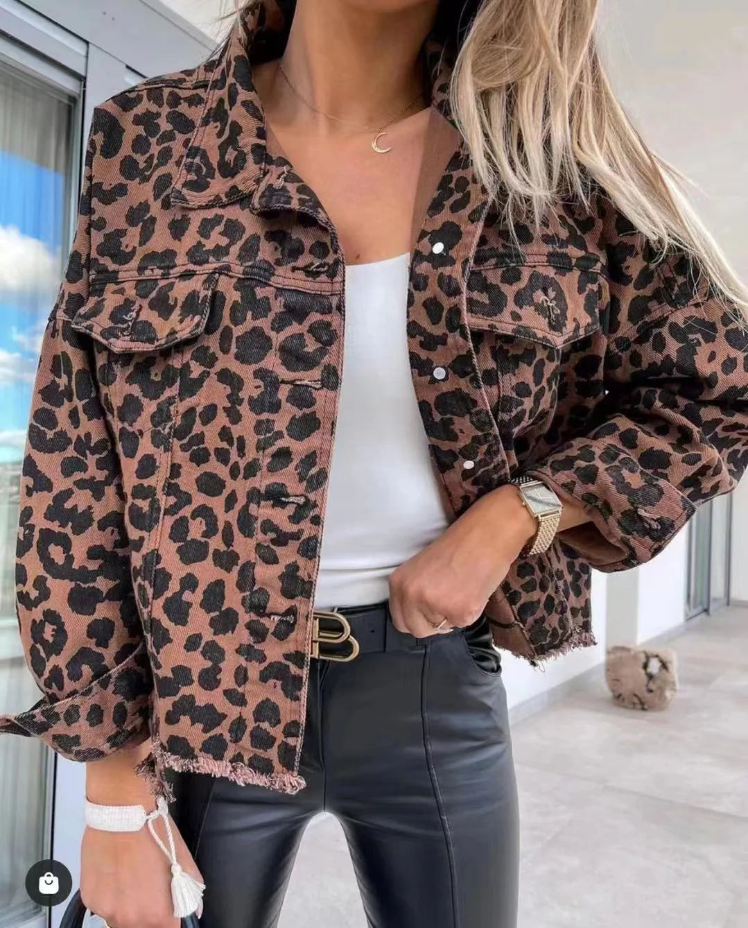 Spring Autumn Vintage Leopard Denim Coat For Women New Fashionable And Trendy Style Female Jacket Leopard Print Jeans Outwear