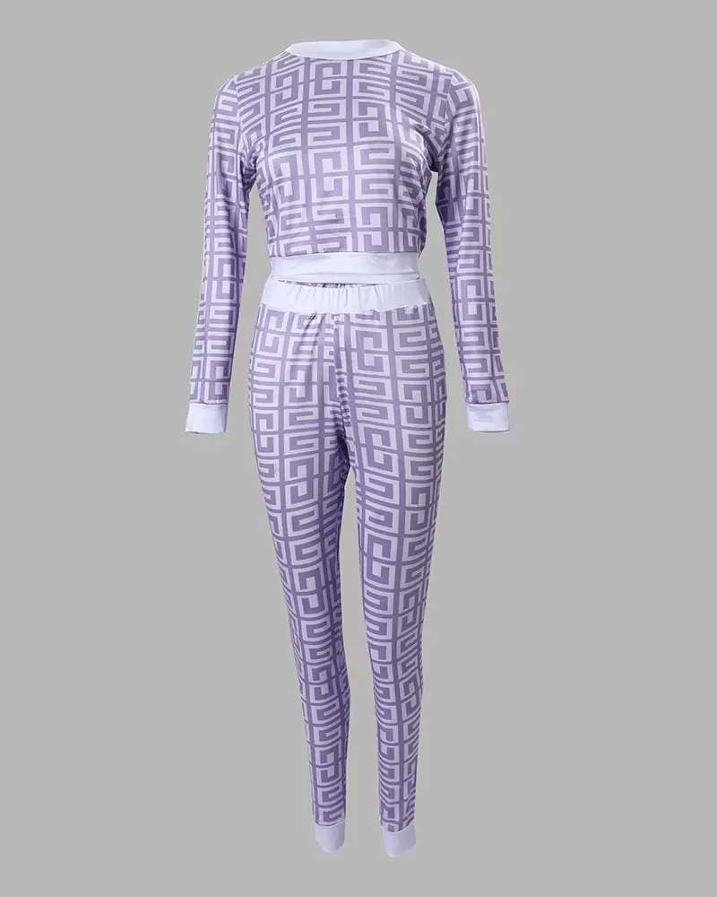 Geometric print long sleeve crop top pants set Fashion Combination